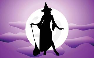 witch in front of full moon, Hand Drawn vector illustration of witch with broom, hand drawn vector illustration for halloween party background and invitation.