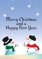 Feliz Navidad y una tarjeta de felicitación de feliz año nuevo con dos muñecos de nieve hablando en el diseño del paisaje invernal vector