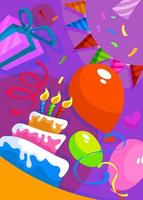 cartel de feliz cumpleaños con pastel y decoraciones. vector