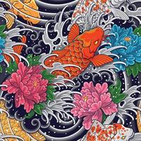 Koi Fish Seamless Pattern, Japanese Koi Pattern With Wave and Flowers