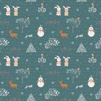 Hand drawn cute animals happy on winter seamless pattern for all print,fabric,textile,kid product or wallpaper vector