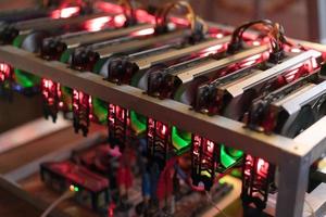 Bitcoin mining farm.  Graphics card for miner digital photo