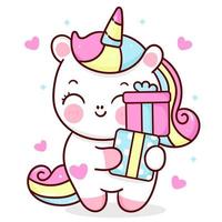 Cute unicorn cartoon kawaii vector holding birthday gift animal horn horse fairytale illustration