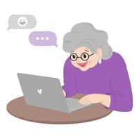 linda abuela feliz está sentada en la computadora portátil. comunicación en redes sociales con familiares. una persona mayor está estudiando tecnología moderna. vector