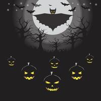 halloween celebration with pumpkins and bats in moonlight and dry tree vector