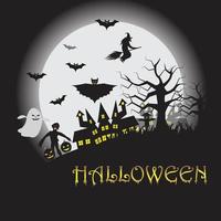 Fondo de luna, bruja, murciélagos, castillo y árbol seco para la celebración de Halloween. vector