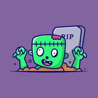 Cute zombie frankenstein rise from the grave cartoon vector illustration
