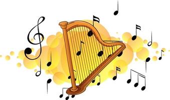 Instrumento musical de arpa con símbolos de melodía en mancha amarilla vector
