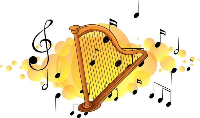 Harp musical instrument with melody symbols on yellow splotch