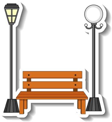 Sticker template with wooden bench and street lamp isolated