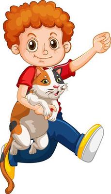 Happy boy cartoon character hugging a cute cat