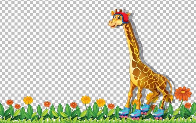 Giraffe wearing roller shoes shoes on grid background
