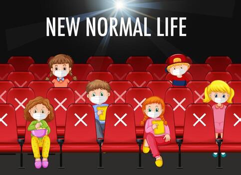 nueva normalidad con personas con máscaras en el cine vector