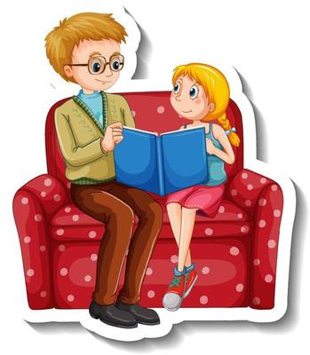 A sticker template with father and his daughter reading a book together