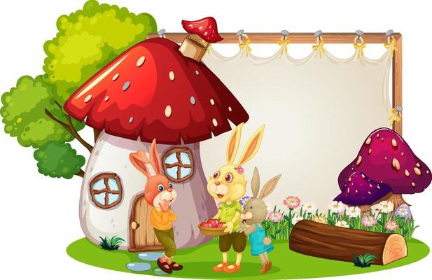 Blank banner in the garden with rabbit family isolated