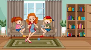 Children learning from home on electronic device vector