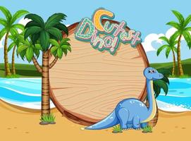 Escena de playa con plantilla de tablero vacío y lindo personaje de dibujos animados de dinosaurio vector