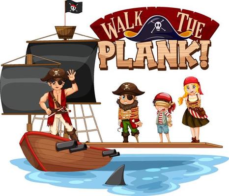 Walk The Plank font banner with pirate cartoon character