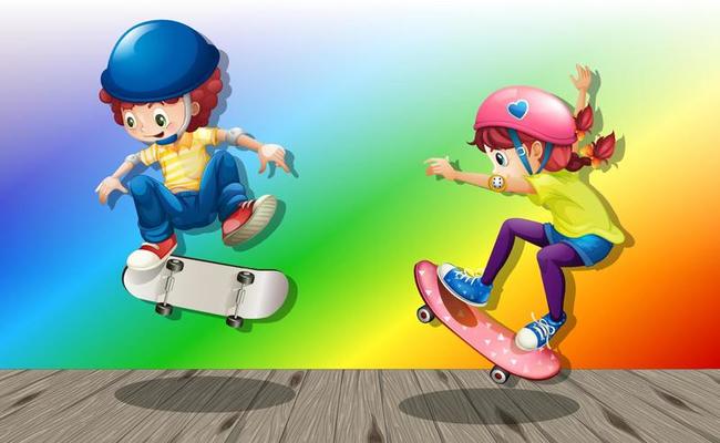 Children playing skateboard on rainbow gradient background