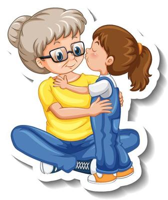 A sticker template with an old woman and her grand daughter in standing pose