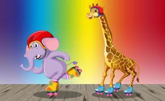 jirafa y elefante jugando patines sobre fondo degradado de arco iris vector