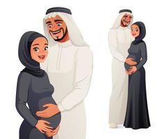Happy Arab man holding belly of his pregnant wife vector illustration