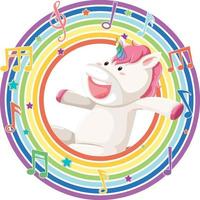 Unicorn in rainbow round frame with melody symbol vector