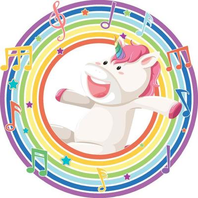 Unicorn in rainbow round frame with melody symbol