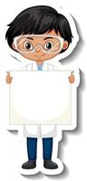 Scientist boy holding empty board cartoon character sticker vector