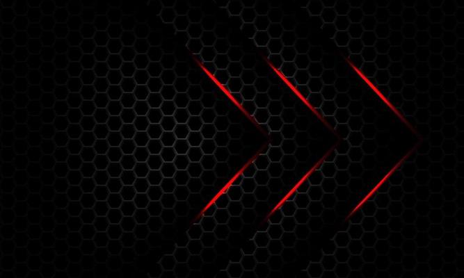 Abstract red light arrow direction overlap on dark grey metallic hexagon mesh pattern design modern luxury futuristic background vector