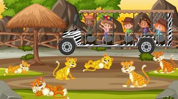 Safari at sunset scene with kids watching leopard group vector