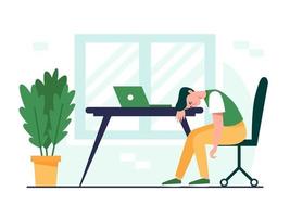 Exhausted man sitting at the table. Professional burnout concept illustration. Frustrated, tired office worker, deadline, mental health problem. Flat vector illustration.