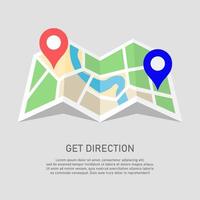 Ilustración de vector plano de mapa con pin localizador. Adecuado para elemento de diseño de gps y dirección de ruta. aplicación de información de viajes.