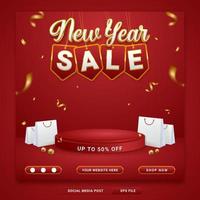 Plantilla de banner de redes sociales de promoción de venta de año nuevo con bolsa de compras sobre fondo rojo