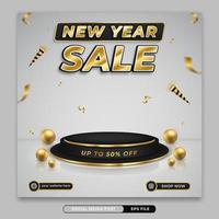 Plantilla de banner de redes sociales promocional de venta de año nuevo negro y dorado vector