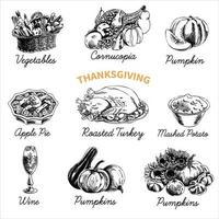 vector dibujado a mano dibujo conjunto de alimentos de acción de gracias. bosquejo. menú del restaurante. ilustración retro.