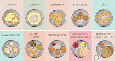 Indian Rajasthani Food. Food from Rajasthan. Dal bhati churma kachori vector