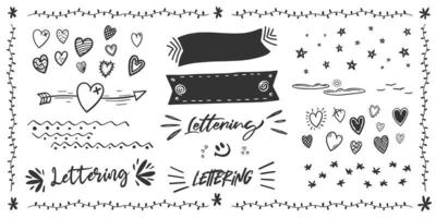 Lettering adornments - ribbons, lines, hearts, leaves, arrows, splash. vector