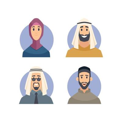 Muslim avatars arabic male female characters front view portraits faces vector east people avatar muslim man woman illustration