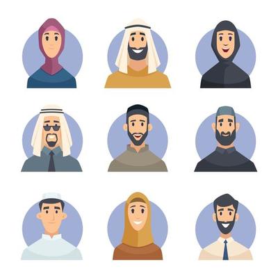 Muslim avatars arabic male female characters front view portraits faces vector east people avatar muslim man woman illustration