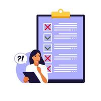 Survey of customer satisfaction. Piece of paper with ticks and crosses. Small people characters fill out a form. Vector illustration. Flat style.