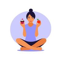 Lifestyle and nutrition concept. Woman choosing between healthy meal and unhealthy food. Vector illustration. Flat.