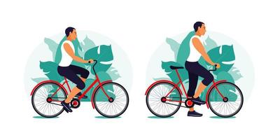 hombre en bicicleta en el parque. concepto de estilo de vida saludable. entrenamiento deportivo. aptitud física. ilustración vectorial. plano. vector