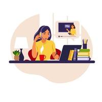 Girl study at computer. Online learning concept. Video lesson. Distance study. Can use for web banner, infographics, hero images. Vector illustration. Flat style.