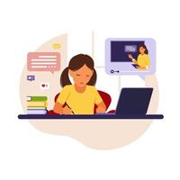 Girl sitting behind his desk studying online using his computer. Illustration with work table, laptop, books. Flat vector. vector