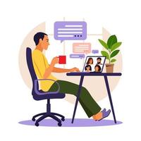 hombre que usa la computadora para reuniones virtuales colectivas y videoconferencia grupal. hombre en el escritorio charlando con amigos en línea. videoconferencia, trabajo remoto, concepto de tecnología. vector