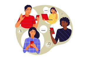 Remote team concept. Team talking online meeting. Videoconference and web communication concept. Vector illustration. Flat.