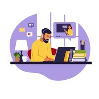 Man study at computer. Online learning concept. Video lesson. Distance study. Can use for web banner, infographics, hero images. Vector illustration. Flat style.