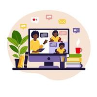 Online learning concept. Online class. African teacher at chalkboard, video lesson. Distance study at school. Vector illustration. Flat style.