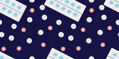 Seamless vector pattern of Colored pills and pill blister pack isolated on blue background. Medicine creative concepts. illustration for pharmaceutical industry. Suits for Packaging, Covers, etc.